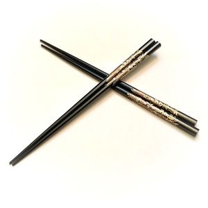VTG 4 Black Lacquer Gold Red Green Floral Painted Chopsticks